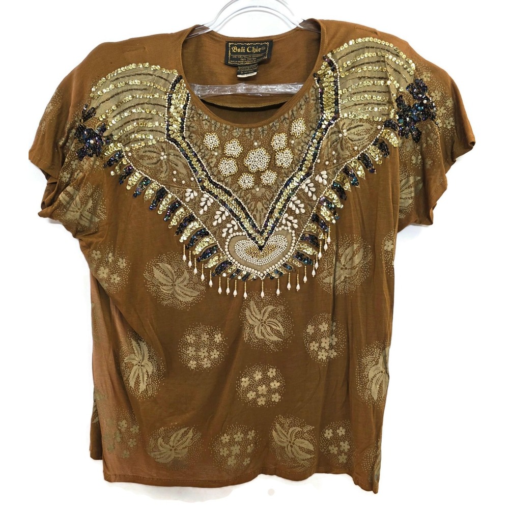 Bali Chic Shirt Womens One Size Brown Beaded Sequined Boho‎ Floral Top Rayon